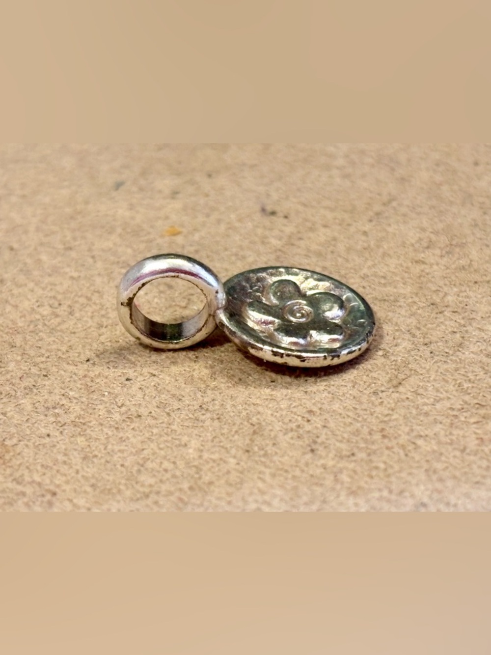 Brighton Bloom Token charm Raised flower Hammered silver Engraved Retired - Picture 5 of 8